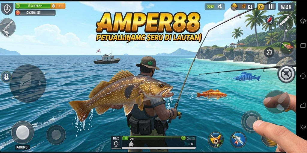 Tampilan gameplay yang menampilkan aksi memancing seru di AMPER88.
