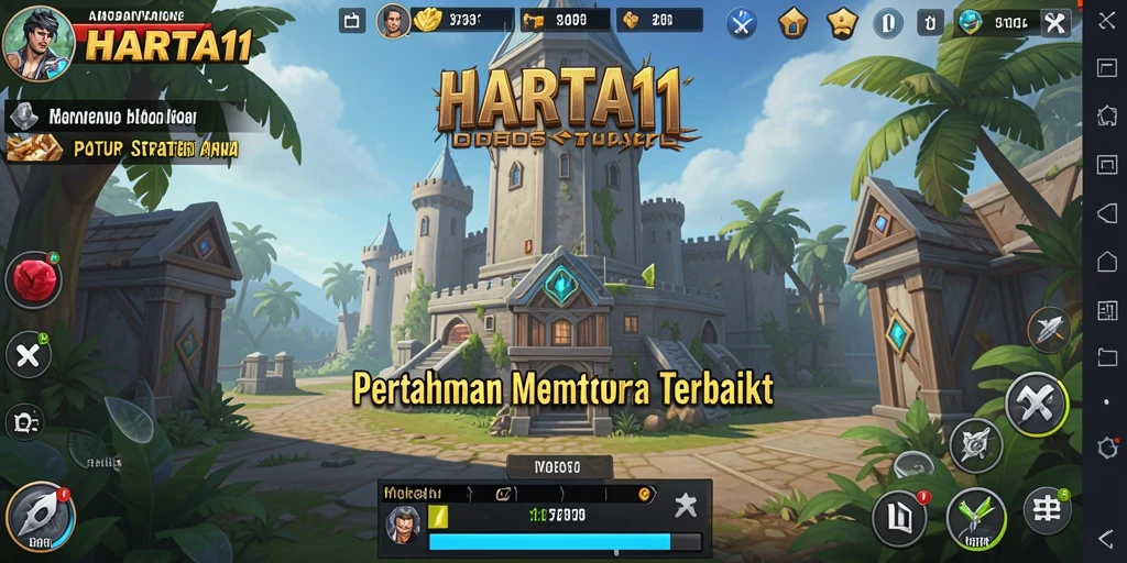 Gameplay HARTA11 dengan menara yang menghancurkan musuh.