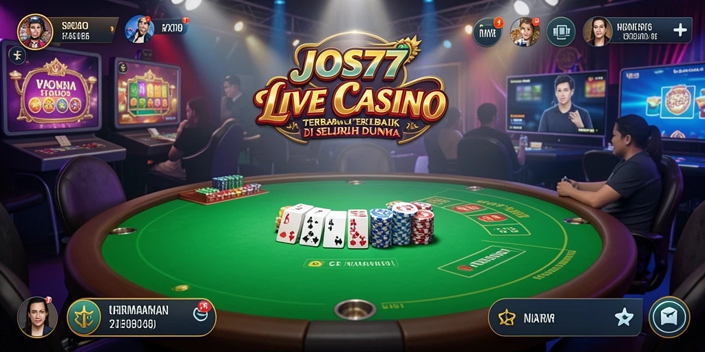Screenshot gameplay JOS77 menampilkan dealer langsung dan pemain yang berinteraksi.