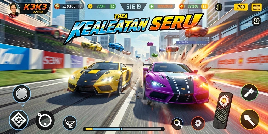 Screenshot gameplay K3K3 menampilkan aksi balapan yang mendebarkan.