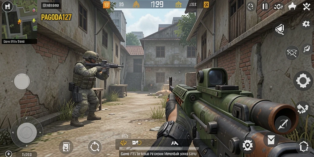 Tampilan gameplay mendebarkan dalam PAGODA127 saat menembak musuh.