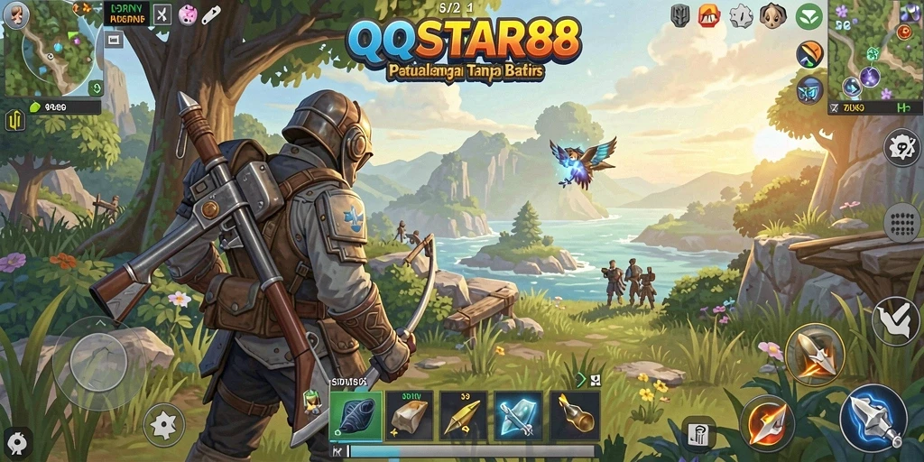Screenshot gameplay QQSTAR88 yang menampilkan petualangan dunia terbuka.