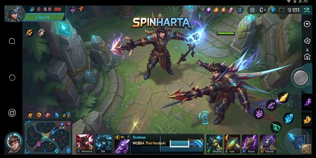 Screenshot utama SPINHARTA memperlihatkan aksi pertarungan epik dalam arena MOBA.
