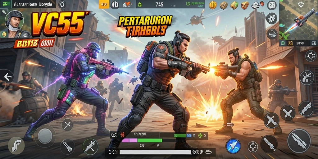 Tampilan gambar gameplay VC55 yang menegangkan dalam pertempuran Battle Royale.
