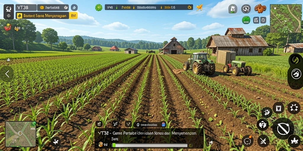 Screenshot gameplay VT38 menampilkan pertanian yang indah dan interaksi petani dengan hewan.