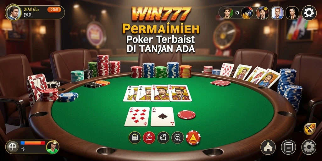 Screenshot WIN777 menampilkan aksi intens permainan poker.
